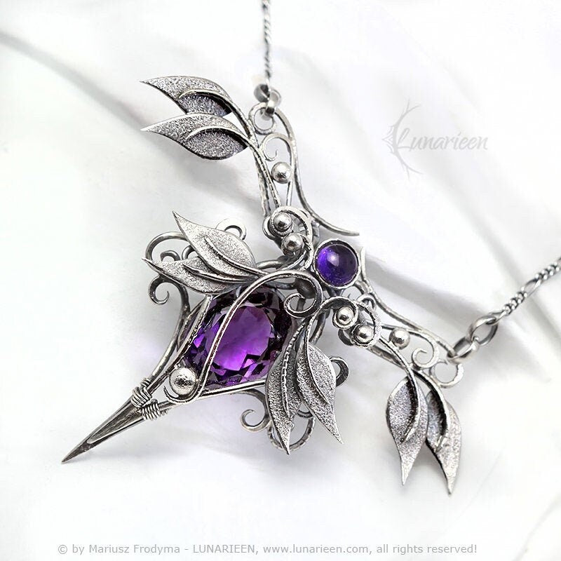 Sterling Silver Wire wrapped necklace gothic fantasy amethyst elven elvish pendant jewellery floral leaf Victorian necklace