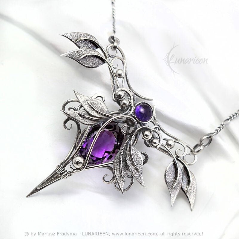 Sterling Silver Wire wrapped necklace gothic fantasy amethyst elven elvish pendant jewellery floral leaf Victorian Antique style necklace