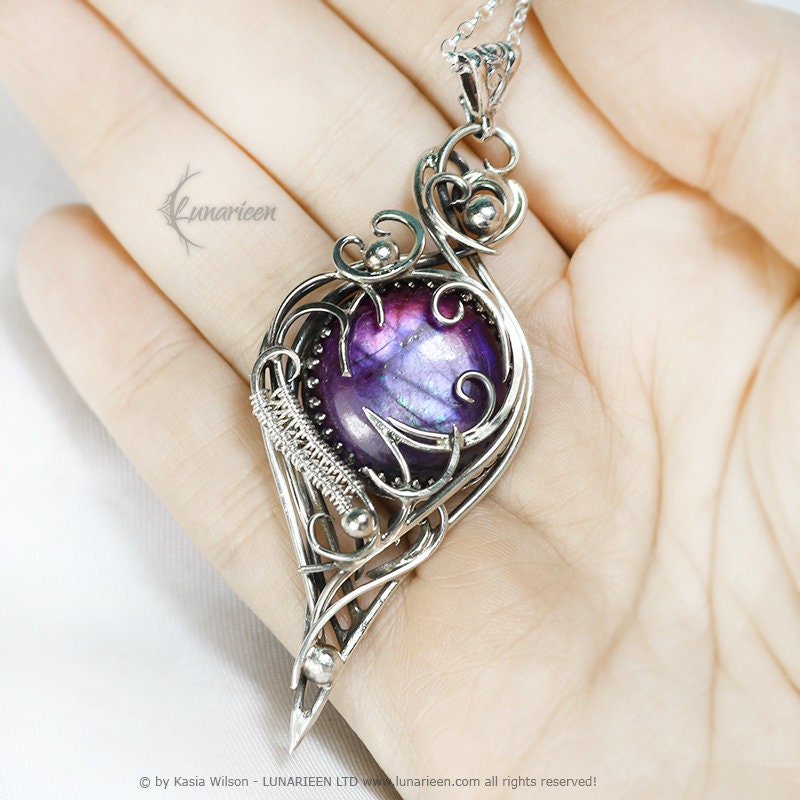 Silver Wire wrapped necklace wire wrap Purple Labradorite gothic goth fantasy pendant silver unique jewellery jewelry gift vampire witchy