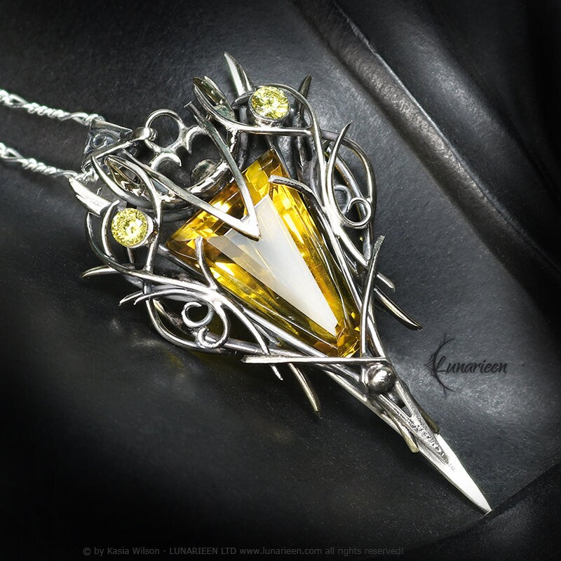 Sterling Silver Brass Citrine necklace jewelry Elven pendant fantasy elvish gothic witchy vampire fashion unique gift Yellow Cubic Zirconia