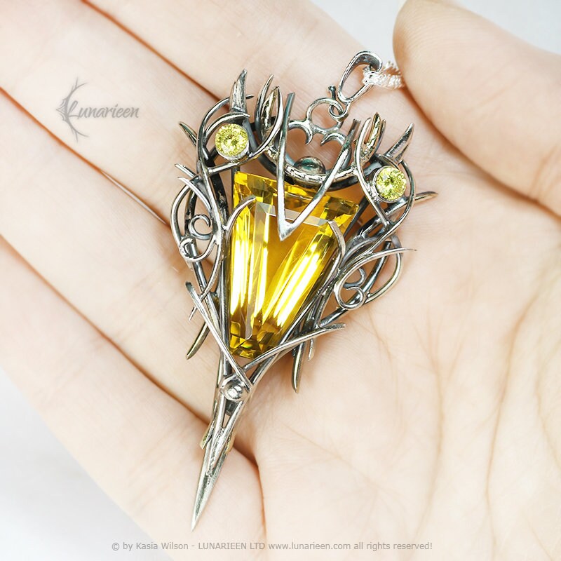 Sterling Silver Brass Citrine necklace jewelry Elven pendant