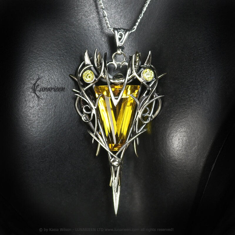 Sterling Silver Brass Citrine necklace jewelry Elven pendant fantasy elvish gothic witchy vampire fashion unique gift Yellow Cubic Zirconia