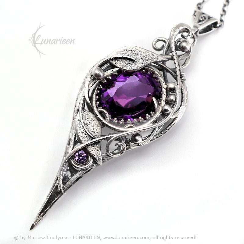 Sterling Silver Wire wrapped Floral Filigree Necklace Pendant Purple Amethyst Fantasy Elven Elvish Unique Gift Jewellery Jewelry