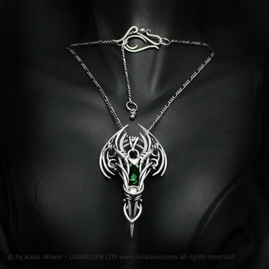 Silver necklace wire wrap Green Quartz Gothic goth fantasy pendant vampire unique jewellery elven jewelry witchy gift