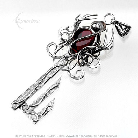 Sterling Silver Wire Wrapped Luck Skeleton Key Fantasy Gothic Pendant Necklace, Red Quartz, Unique Gift Jewellery Jewelry