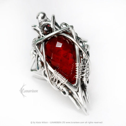 Sterling Silver large Gothic Fantasy Ring, Red Quartz, Elven Witchy Elvish Vampire Exclusive Unique Gift Jewellery Vampire jewellery