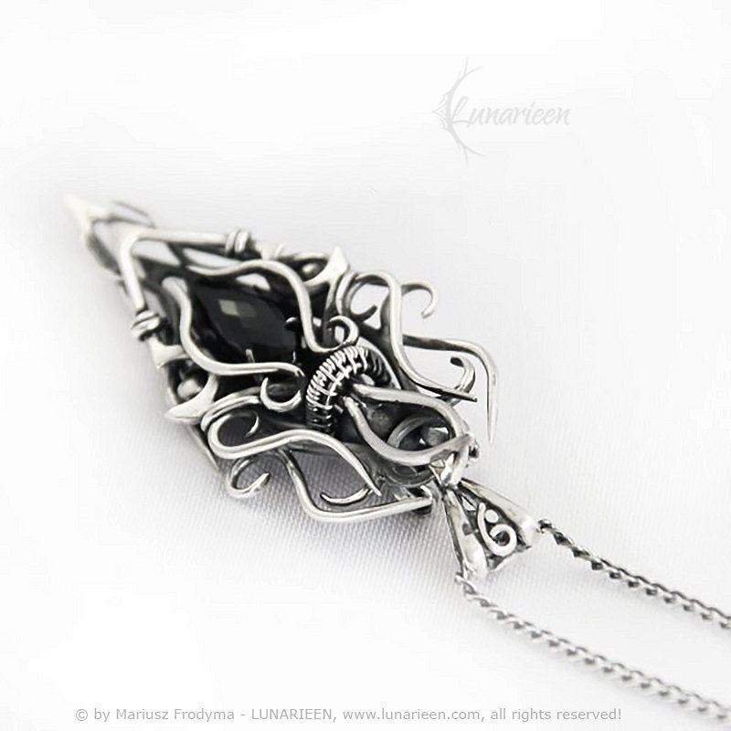 Sterling Silver, Fantasy Dark Gothic style Necklace Pendant, Black Spinel, 20" Plain Curb Silver Chain, Unisex Unique gift Jewellery Jewelry