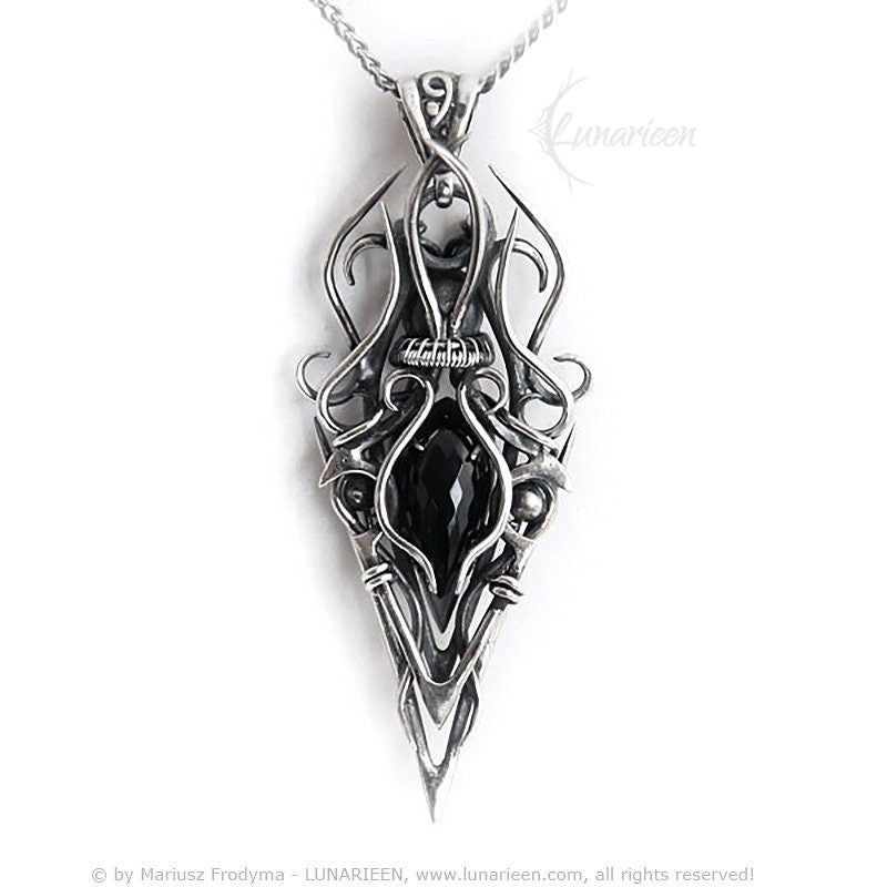 Sterling Silver, Fantasy Dark Gothic style Necklace Pendant, Black Spinel, 20" Plain Curb Silver Chain, Unisex Unique gift Jewellery Jewelry