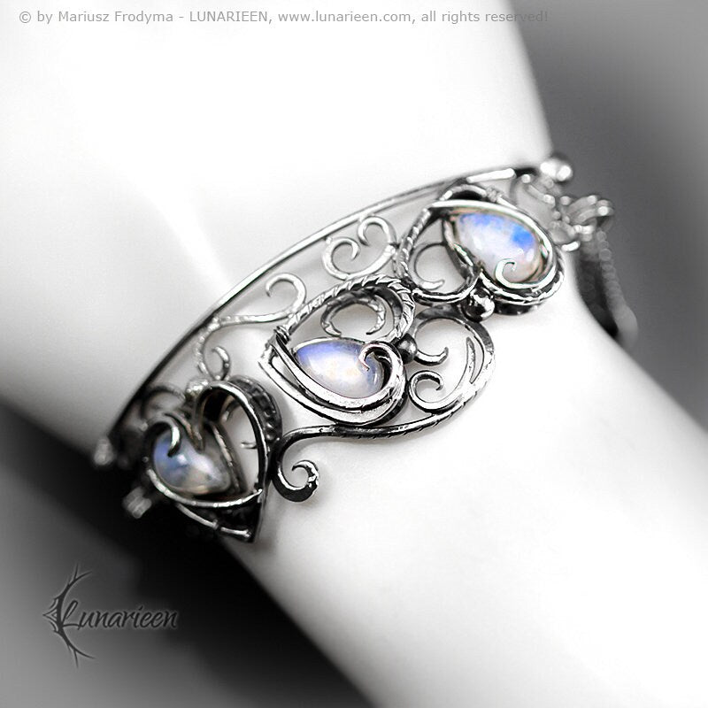 Handmade Sterling Silver Wire Wrap Ornate Filigree Sweetheart Heart Gothic Bracelet, Rainbow Moonstone, Unique Jewelry Jewellery Gift