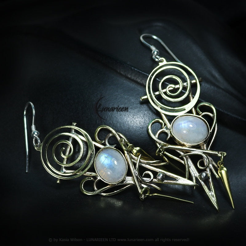 Brass Silver Rainbow Moonstone Earrings jewelry Elven fantasy elvish gothic witchy vampire fashion unique gift for her gold