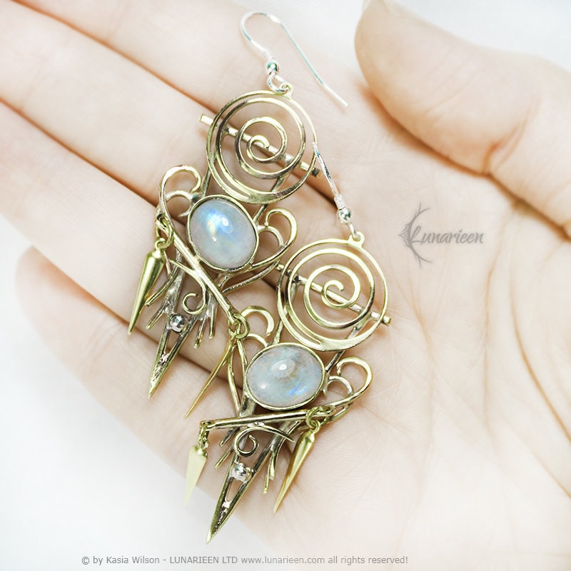 Brass Silver Rainbow Moonstone Earrings jewelry Elven fantasy elvish gothic witchy vampire fashion unique gift for her gold