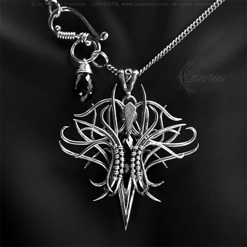 Sterling Silver, Fantasy Dark Gothic style Necklace Pendant, Black Spinel, Vampire Elven Witchy Jewellery Jewelry, Unisex Unique gift