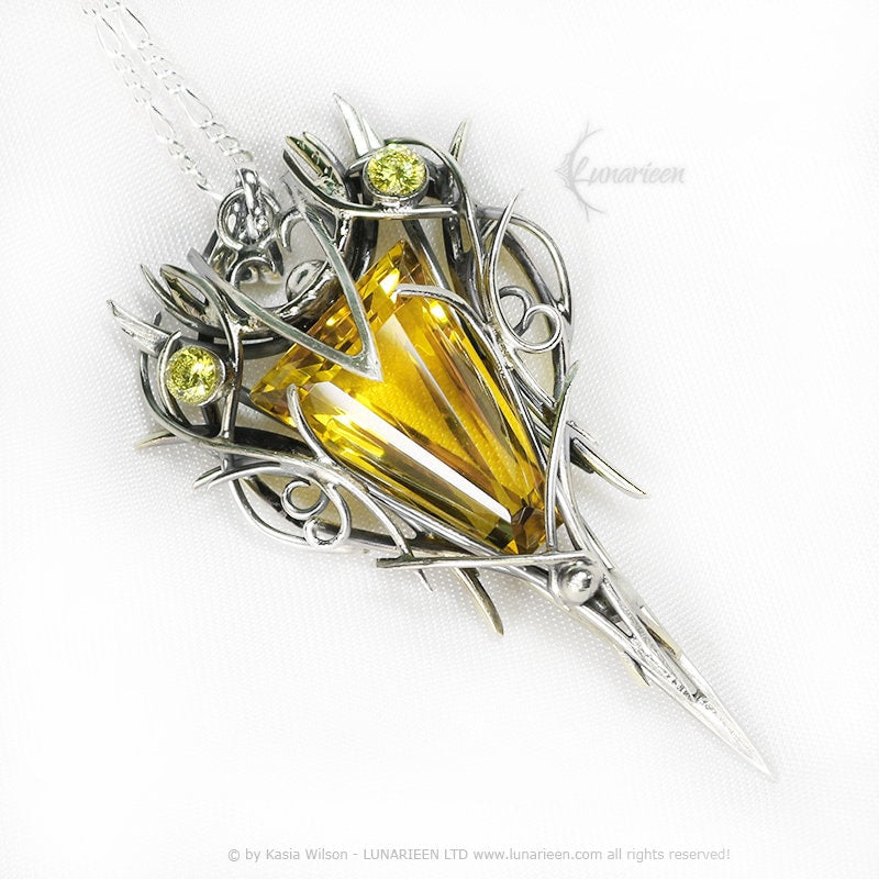 Sterling Silver Brass Citrine necklace jewelry Elven pendant fantasy elvish gothic witchy vampire fashion unique gift Yellow Cubic Zirconia