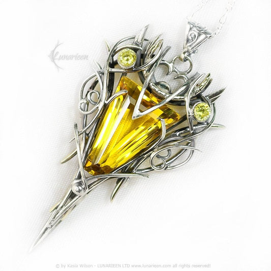 Sterling Silver Brass Citrine necklace jewelry Elven pendant fantasy elvish gothic witchy vampire fashion unique gift Yellow Cubic Zirconia