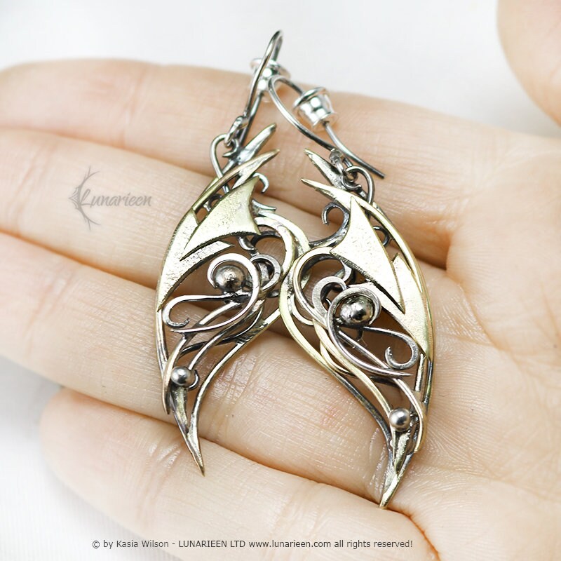 Brass Silver Earrings jewelry Elven fantasy elvish gothic witchy vampire fashion unique gift for her gold modern jewelry unique