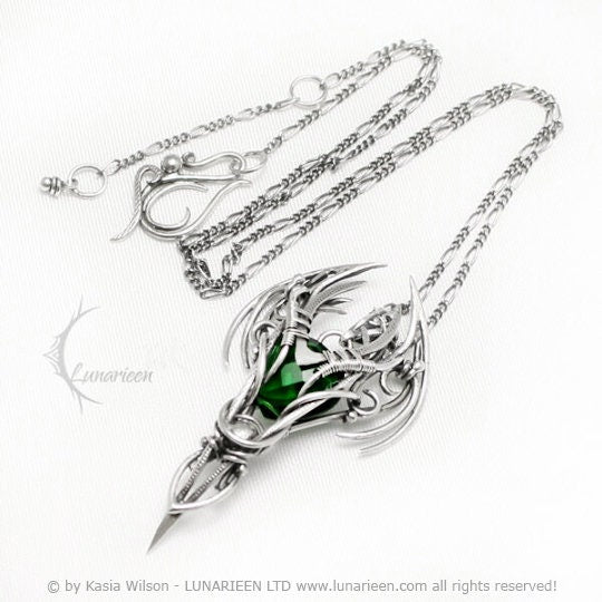 Silver necklace wire wrap Green Quartz Gothic goth fantasy pendant vampire unique jewellery elven jewelry witchy gift