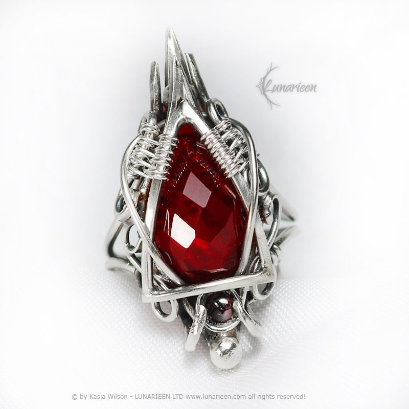 Sterling Silver large Gothic Fantasy Ring, Red Quartz, Elven Witchy Elvish Vampire Exclusive Unique Gift Jewellery Vampire jewellery