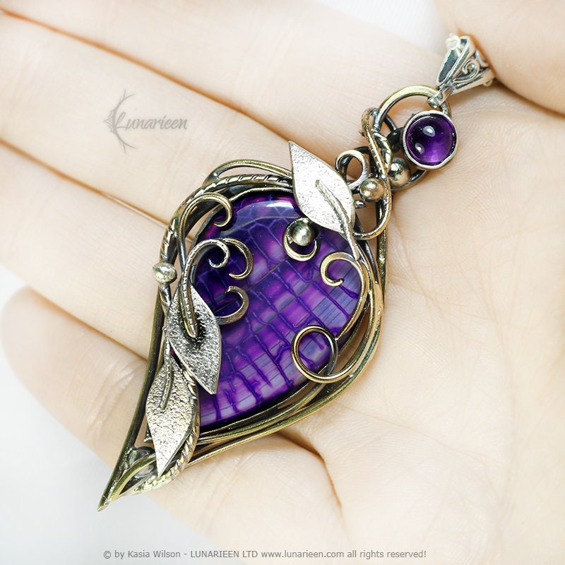 Sterling Silver Brass Amethyst Agate floral necklace jewelry Elven pendant fantasy elvish gothic witchy vampire fashion unique gift