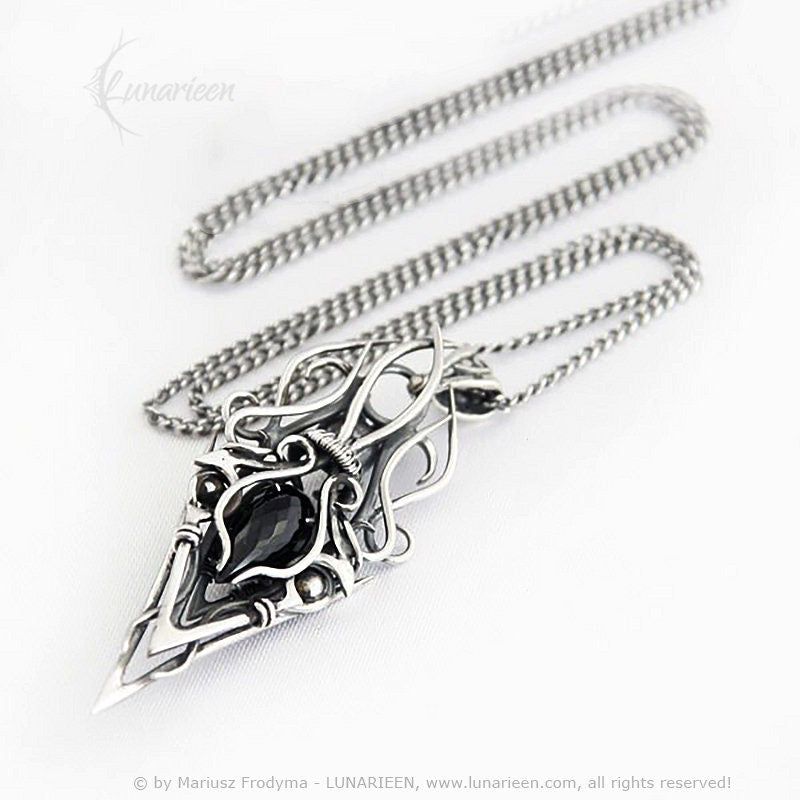 Sterling Silver, Fantasy Dark Gothic style Necklace Pendant, Black Spinel, 20" Plain Curb Silver Chain, Unisex Unique gift Jewellery Jewelry