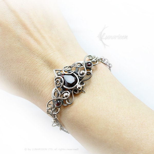 Handmade Sterling Silver Wire Wrap Garnet Gothic Bracelet, Unique Jewelry, Wedding Jewellery Gift, Valentine's, Elven, Vampire Fashion