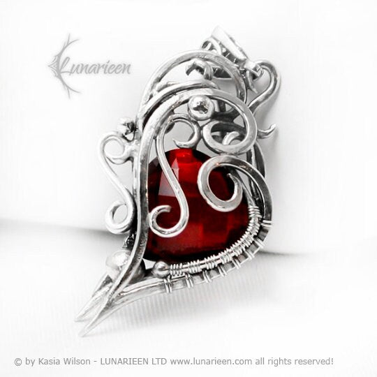 Sterling Silver wire wrap Fantasy Gothic pendant Garnet necklace, Red Quartz, Gift, Elven, Elvish Jewelry Jewellery Witchy Vampire fashion