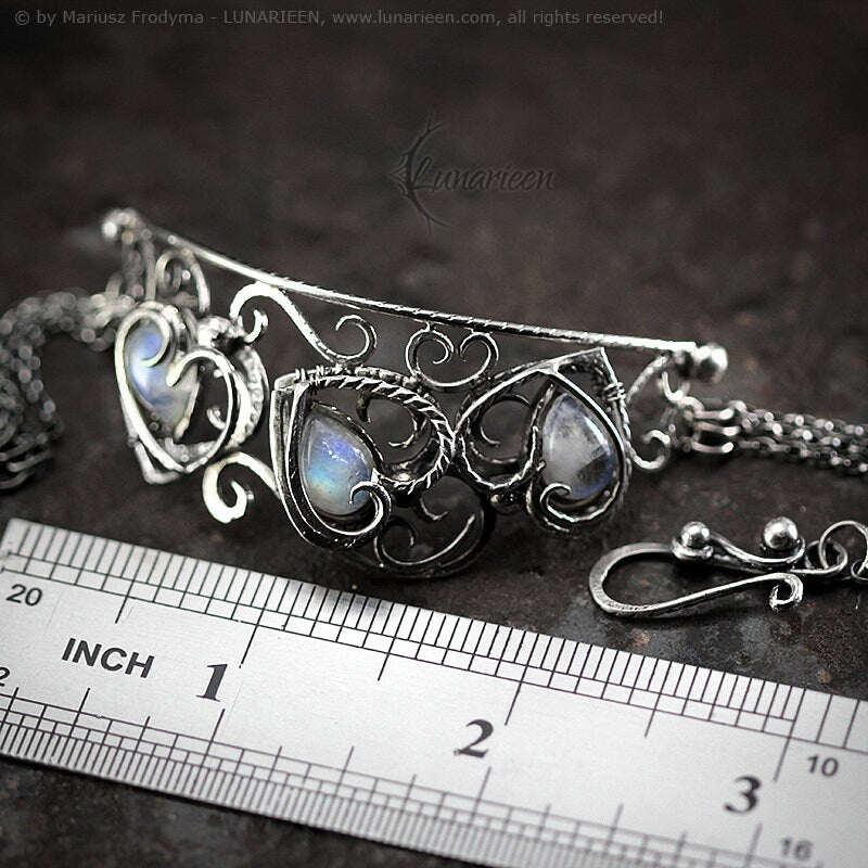 Handmade Sterling Silver Wire Wrap Ornate Filigree Sweetheart Heart Gothic Bracelet, Rainbow Moonstone, Unique Jewelry Jewellery Gift