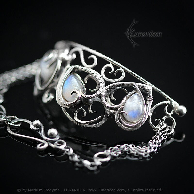 Handmade Sterling Silver Wire Wrap Ornate Filigree Sweetheart Heart Gothic Bracelet, Rainbow Moonstone, Unique Jewelry Jewellery Gift