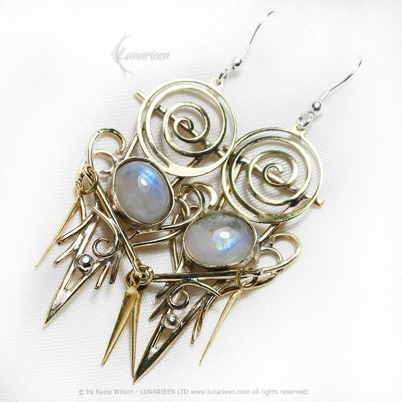 Brass Silver Rainbow Moonstone Earrings jewelry Elven fantasy elvish gothic witchy vampire fashion unique gift for her gold