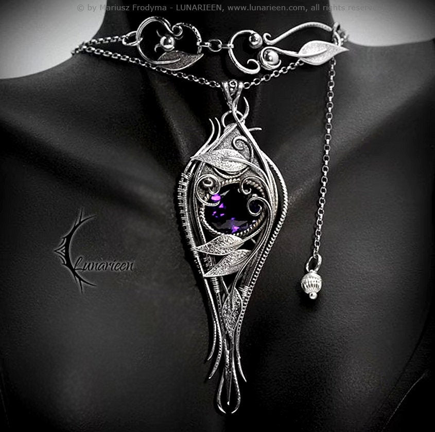 Sterling Silver Wire wrapped Floral Filigree Necklace Pendant Purple Amethyst Fantasy Elven Elvish Unique Gift Jewellery Jewelry