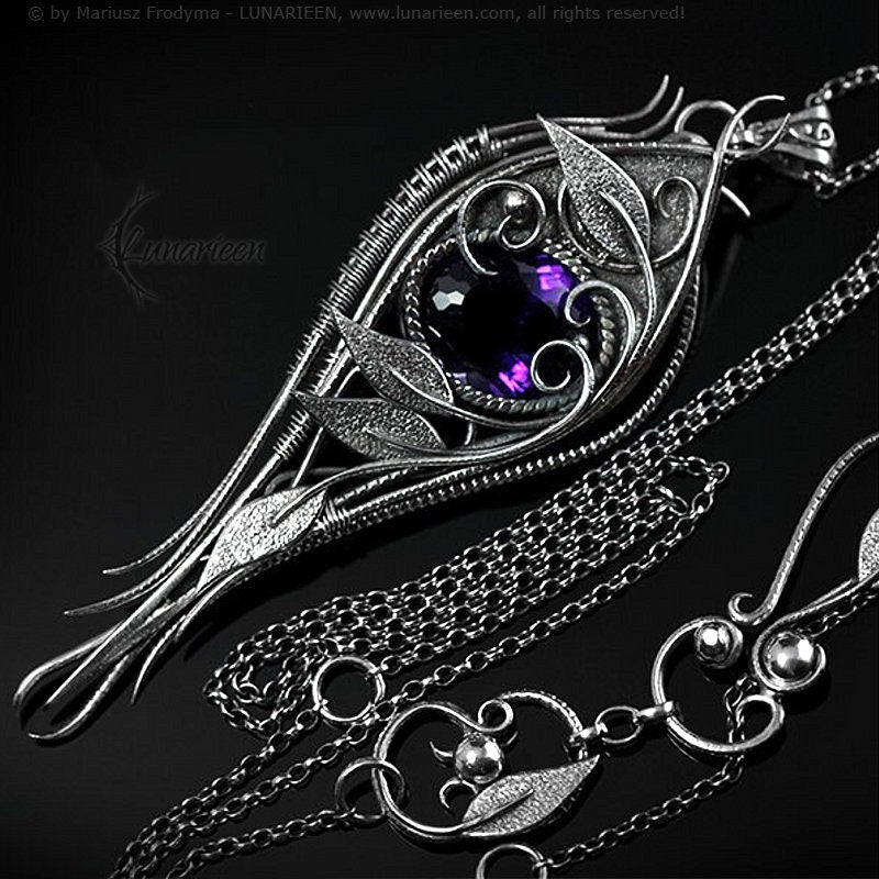 Sterling Silver Wire wrapped Floral Filigree Necklace Pendant Purple Amethyst Fantasy Elven Elvish Unique Gift Jewellery Jewelry