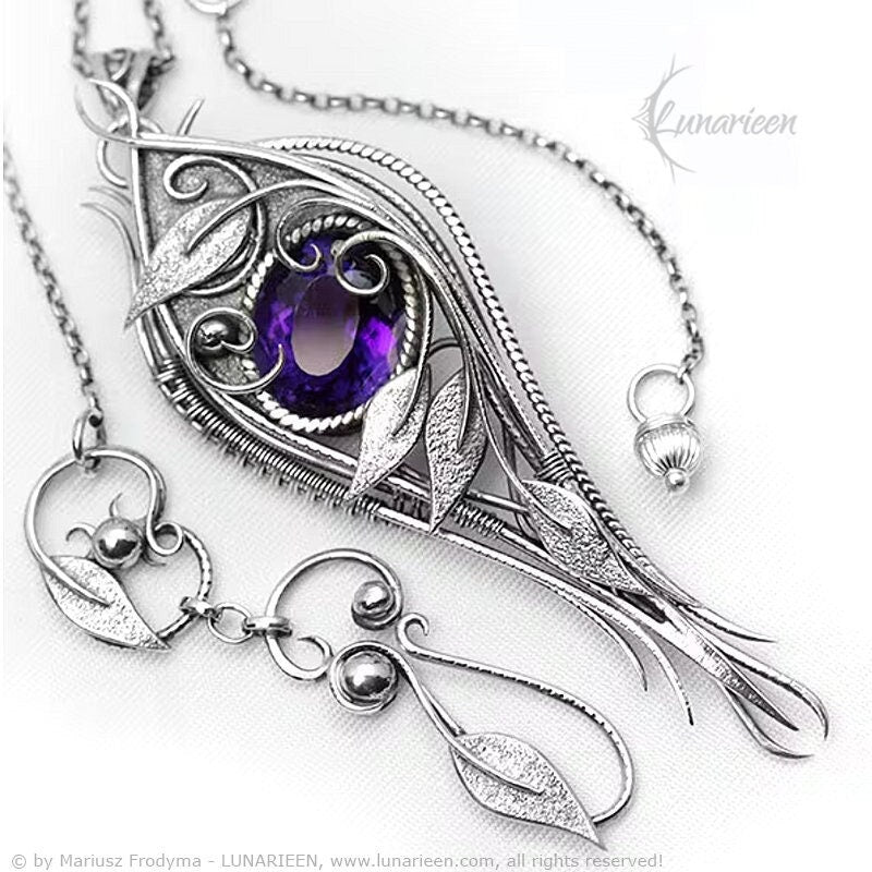 Sterling Silver Wire wrapped Floral Filigree Necklace Pendant Purple Amethyst Fantasy Elven Elvish Unique Gift Jewellery Jewelry