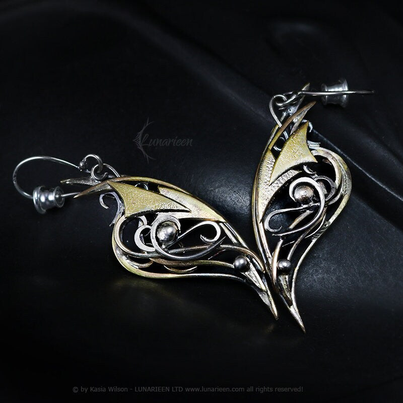 Brass Silver Earrings jewelry Elven fantasy elvish gothic witchy vampire fashion unique gift for her gold modern jewelry unique