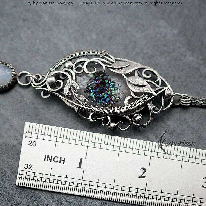 Handmade Sterling Silver Wire Wrap Ornate Filigree Floral Gothic Bracelet, Druzy Agate, Rainbow Moonstone, Unique Jewelry Jewellery Gift