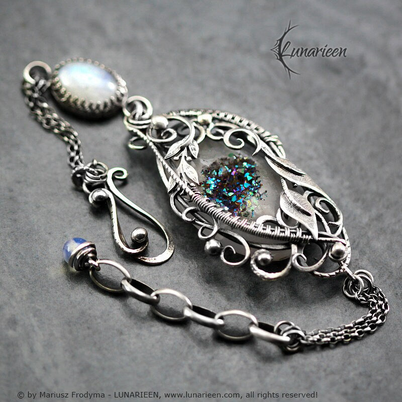 Handmade Sterling Silver Wire Wrap Ornate Filigree Floral Gothic Bracelet, Druzy Agate, Rainbow Moonstone, Unique Jewelry Jewellery Gift