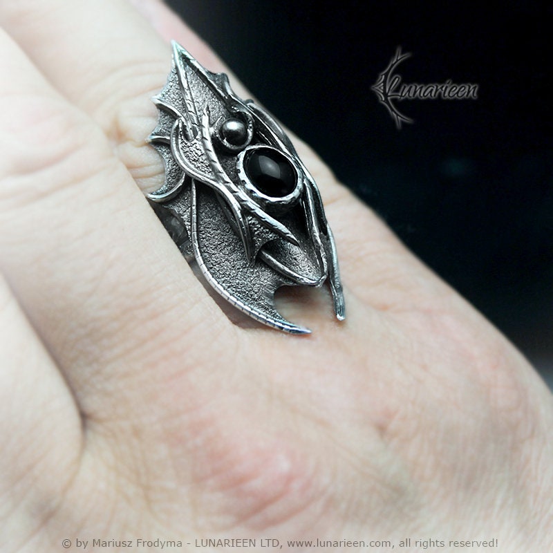 Sterling Silver Dragon Style, Fantasy, Handmade Gothic Large Ring, Solid Silver, Hammered, Black Onyx, Unique Jewelry Jewellery Gift For Him