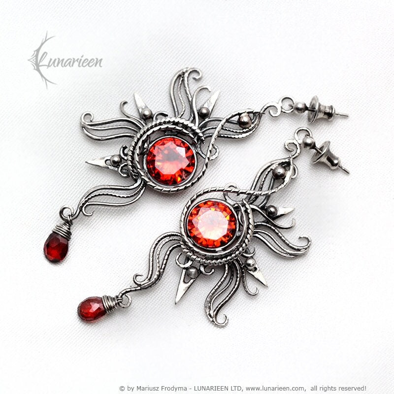 Sterling Silver Wire Wrapped Gothic Filigree Ornate Red Sun Sunrise Large Pair Earrings, Red Cubic Zirconia, Garnet, Unique Gift for Her