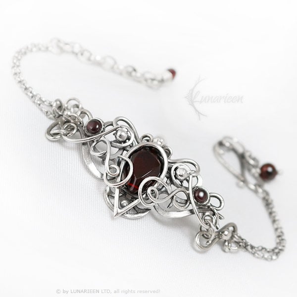 Handmade Sterling Silver Wire Wrap Garnet Gothic Bracelet, Unique Jewelry, Wedding Jewellery Gift, Valentine's, Elven, Vampire Fashion