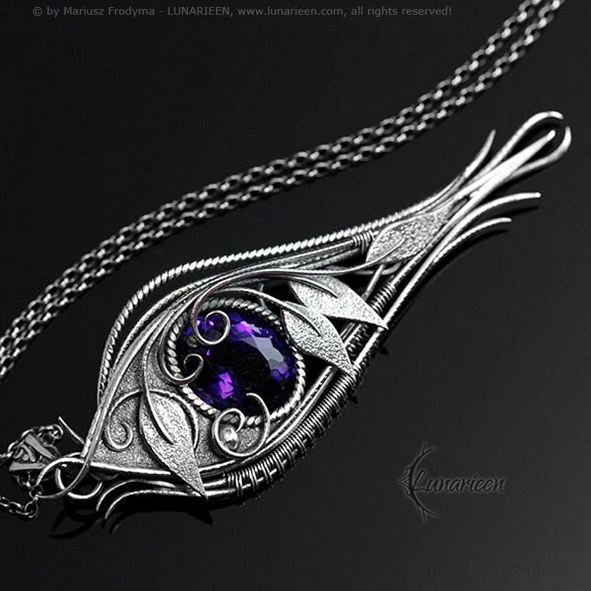 Sterling Silver Wire wrapped Floral Filigree Necklace Pendant Purple Amethyst Fantasy Elven Elvish Unique Gift Jewellery Jewelry