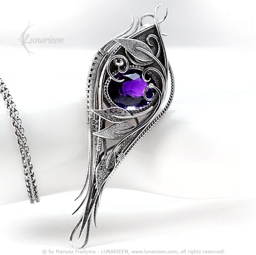 Sterling Silver Wire wrapped Floral Filigree Necklace Pendant Purple Amethyst Fantasy Elven Elvish Unique Gift Jewellery Jewelry