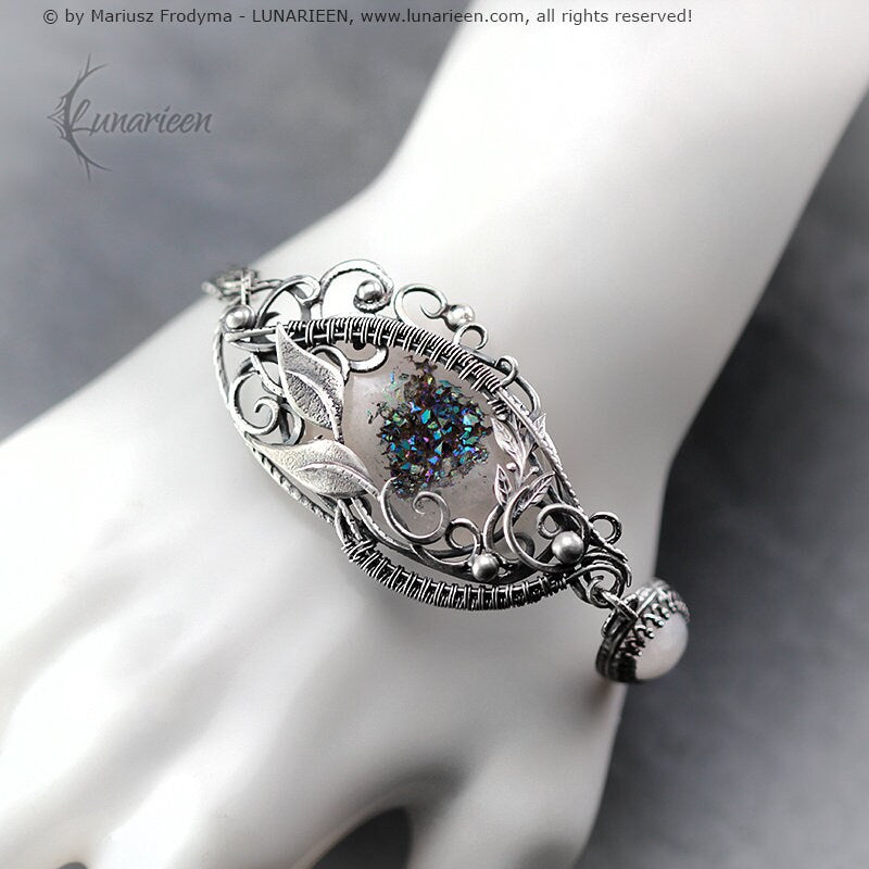 Handmade Sterling Silver Wire Wrap Ornate Filigree Floral Gothic Bracelet, Druzy Agate, Rainbow Moonstone, Unique Jewelry Jewellery Gift