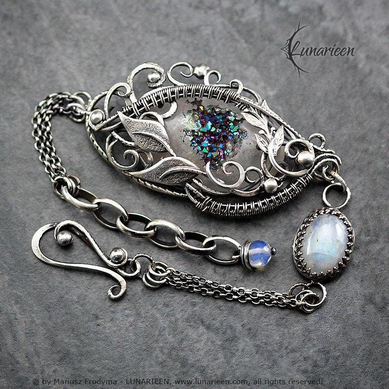 Handmade Sterling Silver Wire Wrap Ornate Filigree Floral Gothic Bracelet, Druzy Agate, Rainbow Moonstone, Unique Jewelry Jewellery Gift