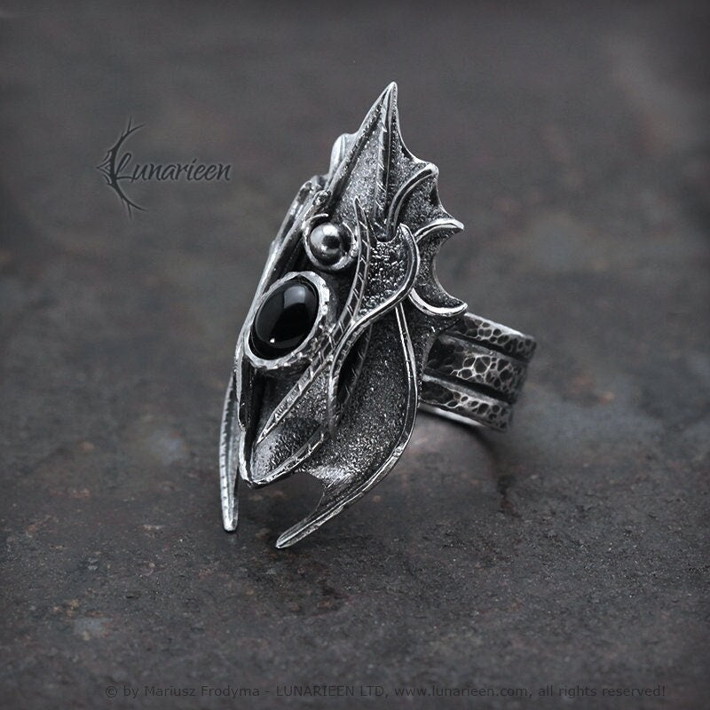 Sterling Silver Dragon Style, Fantasy, Handmade Gothic Large Ring, Solid Silver, Hammered, Black Onyx, Unique Jewelry Jewellery Gift For Him