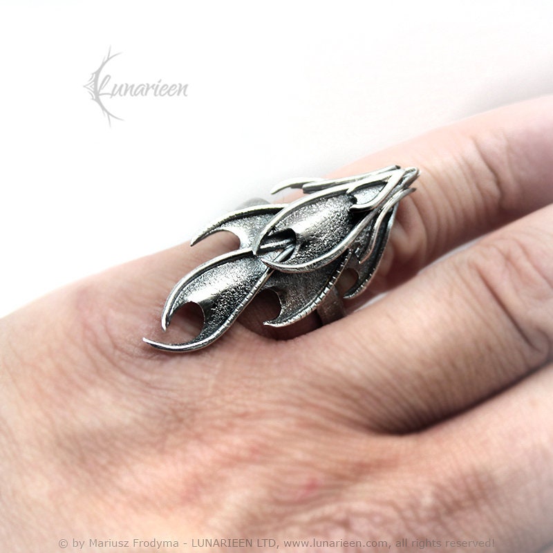 Sterling Silver Handmade Gothic, Fantasy, Vampire, Large Ring, Solid Silver, Hammered, Unique Design Silversmithing Jewelry Jewellery Gift