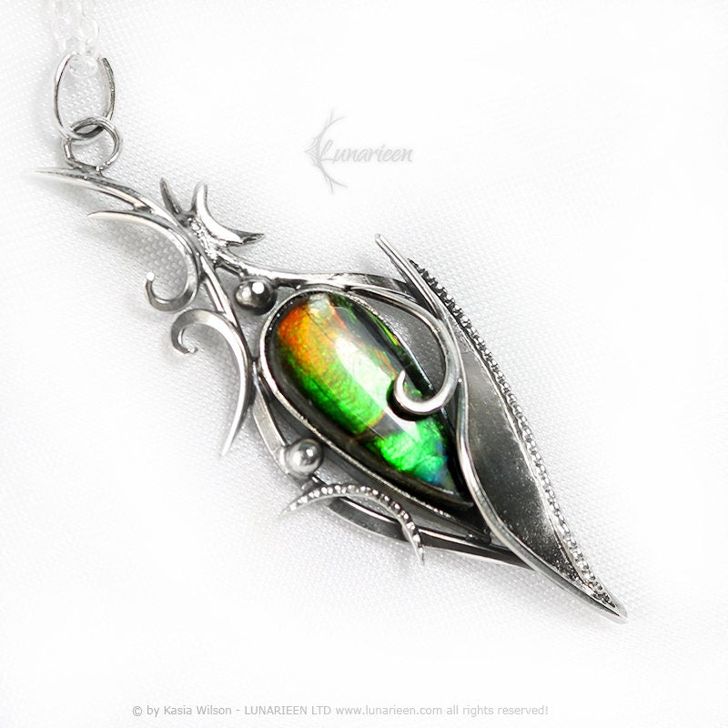 Sterling Silver pendant necklace Ammolite gothic fantasy style elven unique jewellery jewelry gift vampire witchy trendy jewelry