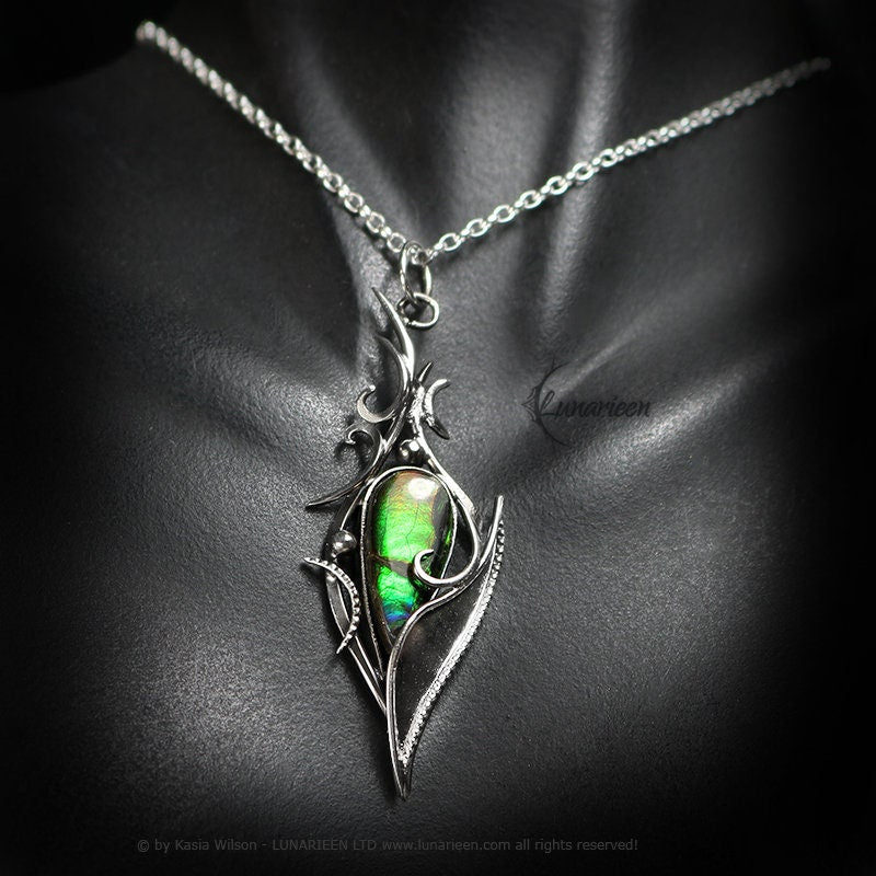 Sterling Silver pendant necklace Ammolite gothic fantasy style elven unique jewellery jewelry gift vampire witchy trendy jewelry