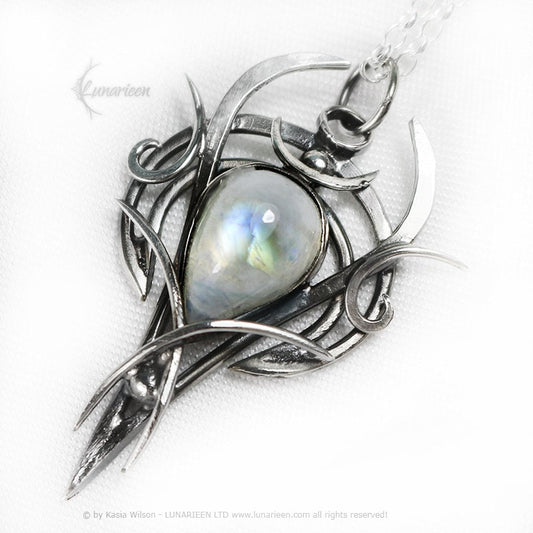 Sterling Silver pendant necklace wire wrap Rainbow Moonstone gothic fantasy style elven unique jewellery jewelry gift vampire witchy