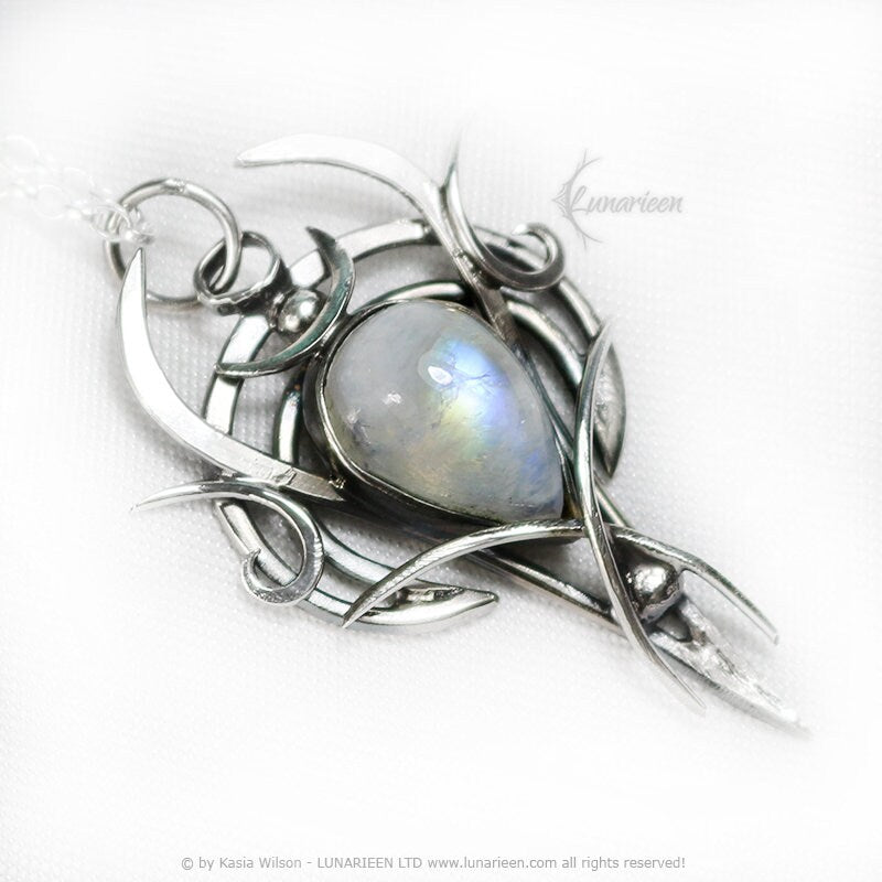 Sterling Silver pendant necklace wire wrap Rainbow Moonstone gothic fantasy style elven unique jewellery jewelry gift vampire witchy