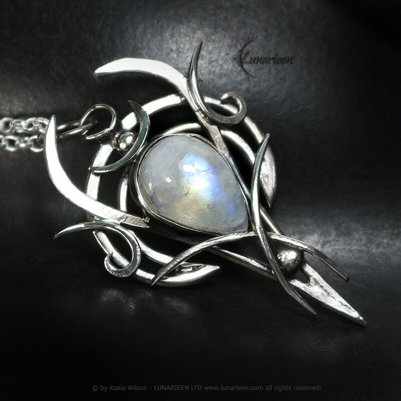 Sterling Silver pendant necklace wire wrap Rainbow Moonstone gothic fantasy style elven unique jewellery jewelry gift vampire witchy