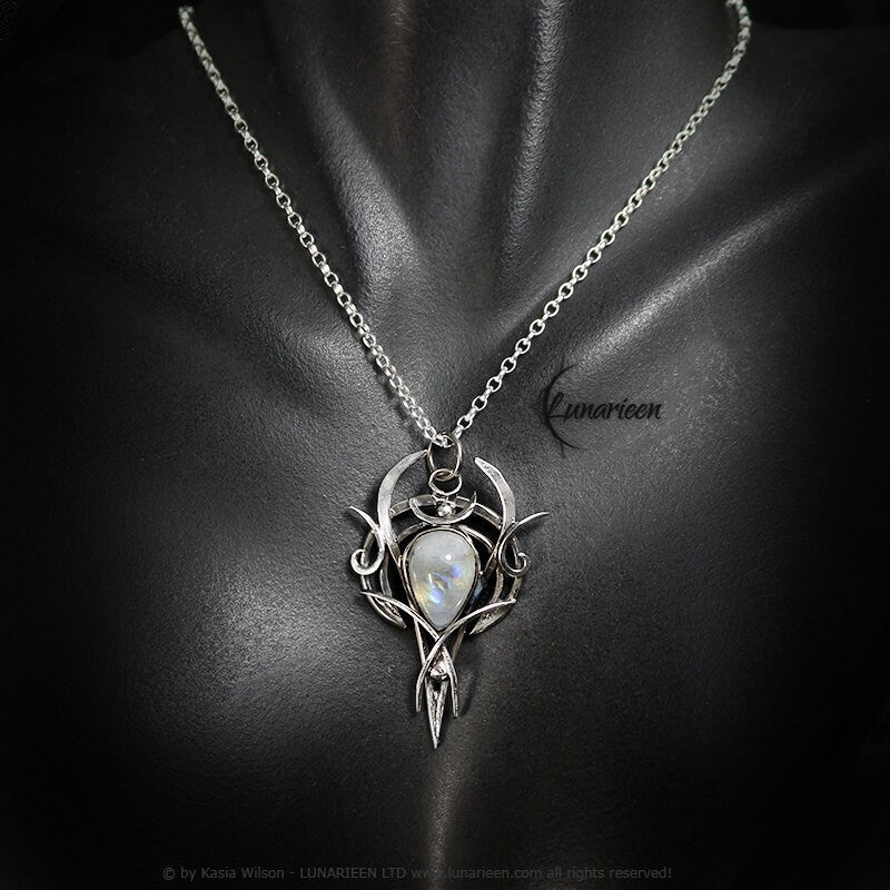 Sterling Silver pendant necklace wire wrap Rainbow Moonstone gothic fantasy style elven unique jewellery jewelry gift vampire witchy