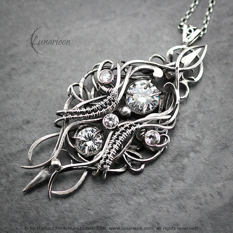 Sterling Silver Wire wrapped gothic fantasy elven elvish witchy pendant necklace, unique jewelry jewellery unisex gift